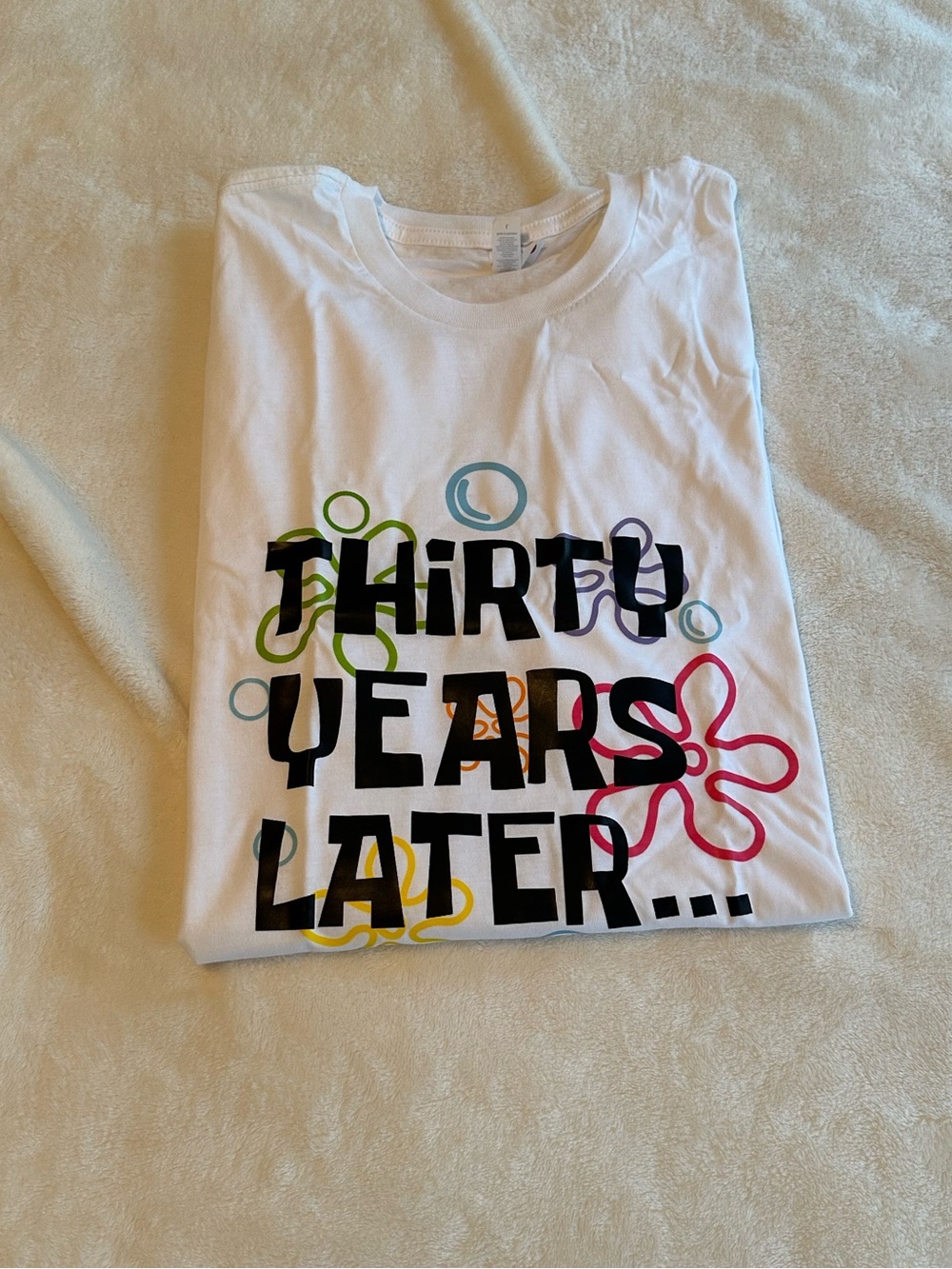 White T-Shirt with Colorful Graphic - "Thirty Years Later" Large NWOT